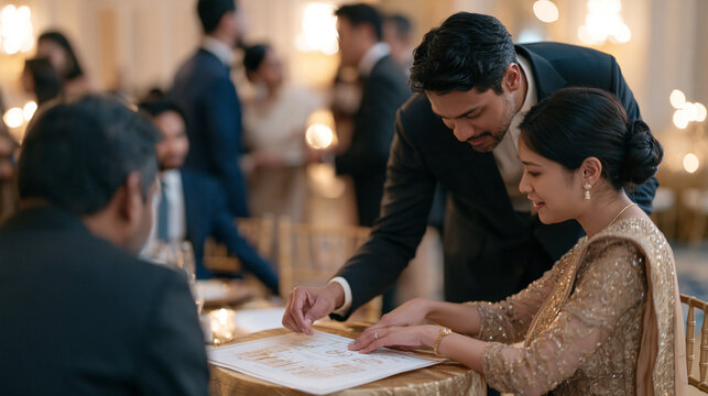 A multicultural wedding party gathers in a luxury ballroom as an engraver brainstorms monogram options at a side table, a printed blueprint of the table arrangement spread before