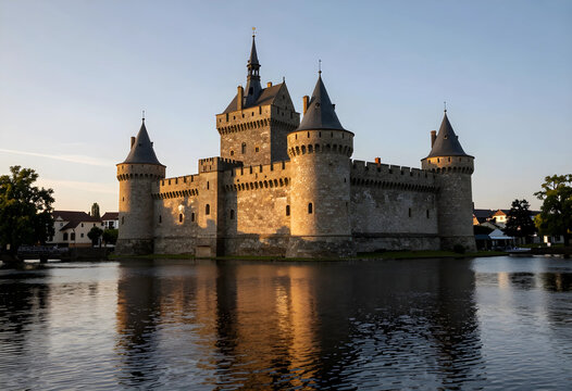 Medieval castle architecture and heritage tourism, historic stone fortress with towers reflecting in water at sunset in a scenic European landscape