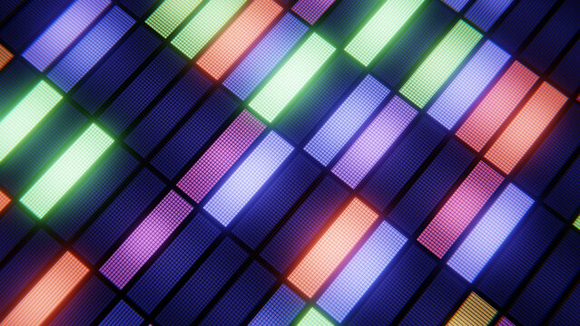 Colorful led pixels changing pattern on a digital screen, creating a retro tech background