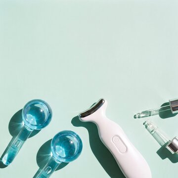 Compact gadgets for home hardware spa: ultrasonic scrubber, cryo-glass ice massage spheres, glass pipette with golden oil, and ampoules with peptides. Clean Tech Beauty Flat Lay