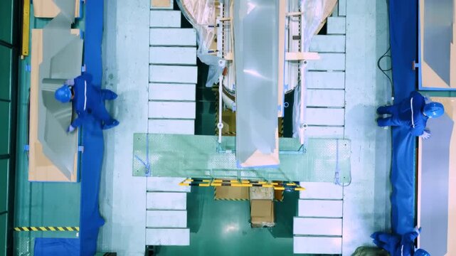 Top view of a bustling factory floor, workers modern warehouse storage of retail shop, large manufacturing workshop space, labors in safety vests moving between rows of gleaming machinery