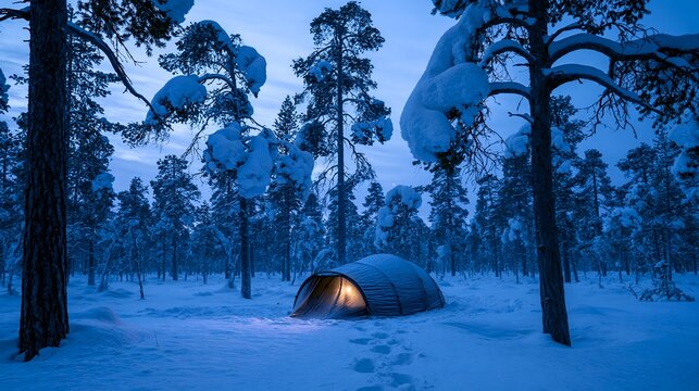 Cozy orange tent set up in a snowy forest at twilight
