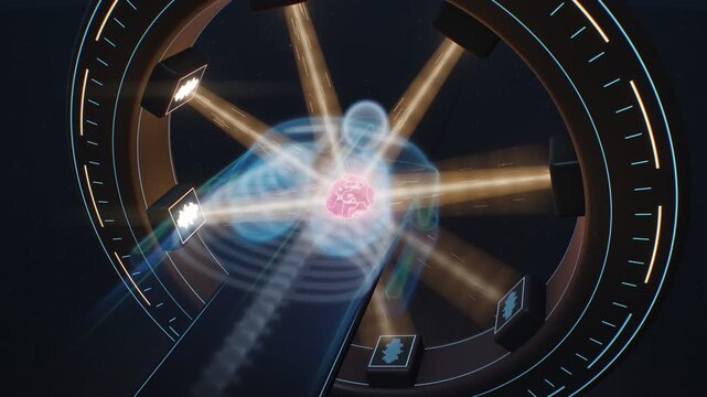 3D holographic patient inside linear accelerator ring receiving targeted radiation therapy beams on lung tumor