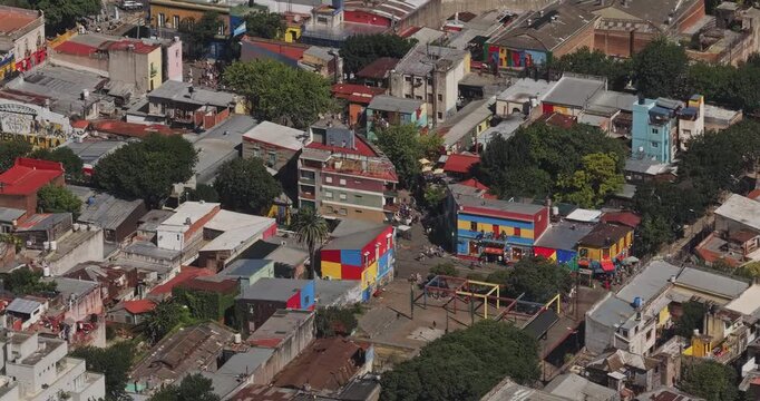 Buenos Aires Argentina Aerial v98 zoomed high angle telephoto tracking shot over colorful Caminito buildings and streets in La Boca - Shot with 5k Camera - Jan 5th 2026
