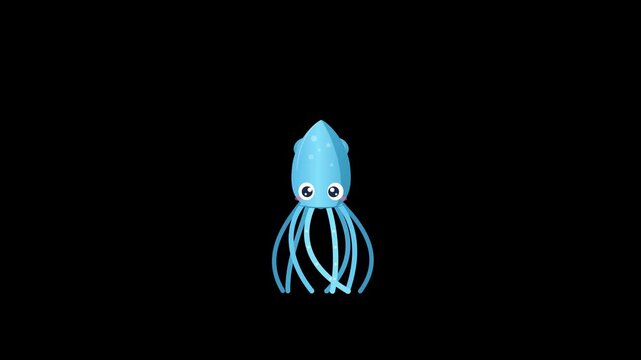 Blue cartoon squid floating on black background