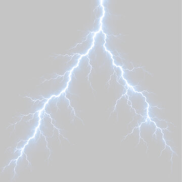Forked lightning bolt splitting downwards on transparent background. Branching electric discharge and thunderstorm plasma effect. High voltage weather overlay