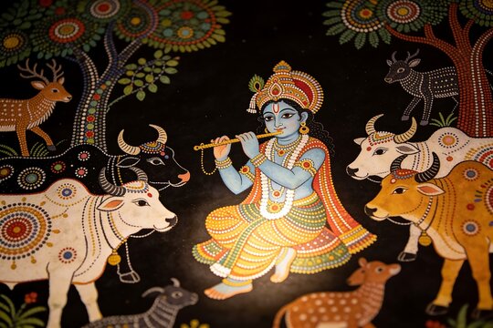 Krishna surrounded by cows and forest animals in Gond tribal art style with dense dot and line patterns in vibrant multicolor on a black background