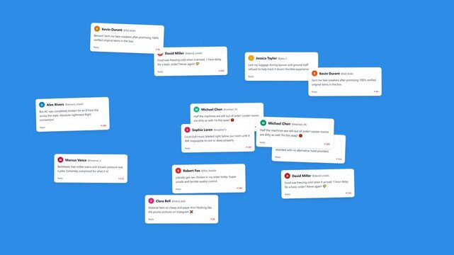 Social Media Comment Notification Boxes Multiplying Across Blue Screen for Community Feedback
