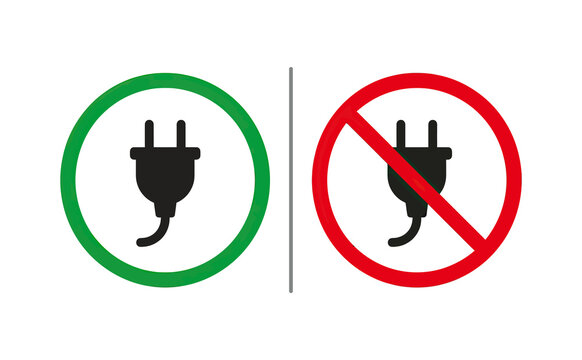 Minimalist power plug icon with green check and red prohibition sign on black