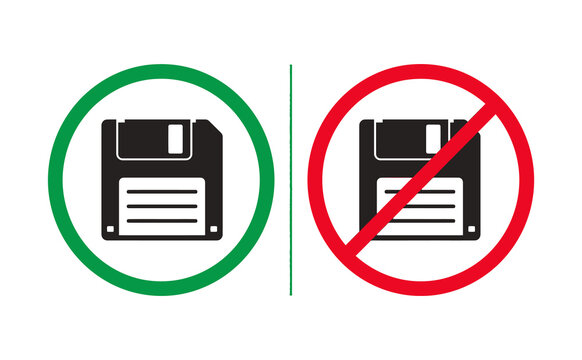 Minimalist floppy disk icons showing green approval and red prohibition on black background