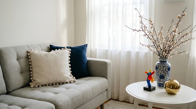 Grey sofa with cream and navy pillows beside a white round table