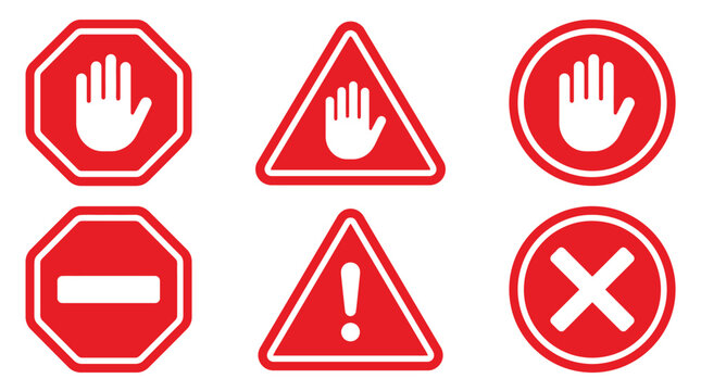 Collection of various red warning and prohibition signs featuring stop hands, exclamation marks, and no entry symbols
