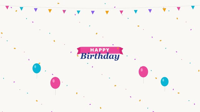 Colorful 2D flat vector motion graphics animation celebrating Happy Birthday with exploding confetti, floating party balloons and festive gift boxes, joyful cheerful celebration video