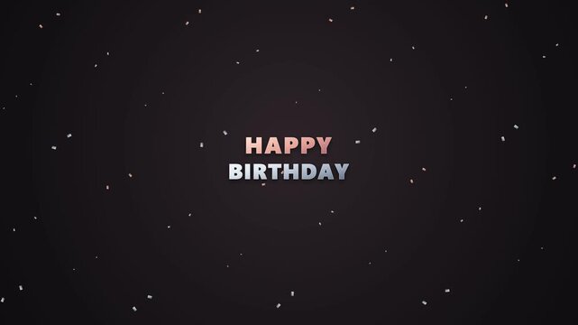 Shiny inflated 3D rose gold and silver foil balloon lettering spelling Happy Birthday floating amid falling glitter flakes, medium close-up view, bright trendy party celebration mood