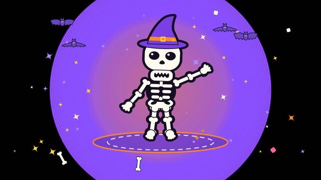 Magical bone assembly animation forming a funny spooky skeleton character with seamless loop on transparent alpha channel