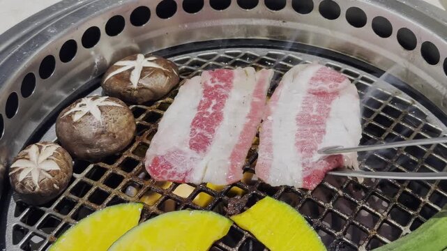 Grilled Pork Belly and Shiitake Mushroom Barbecue on Charcoal Grill