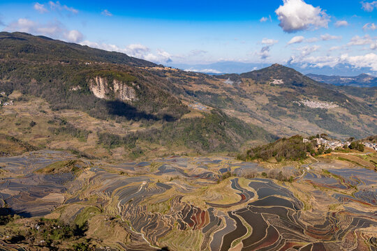 Aerial view of the terraced fields in Yuanyang, Yunnan Province