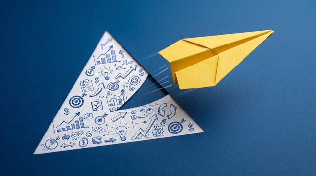 Yellow paper airplane flying out of triangular business doodles