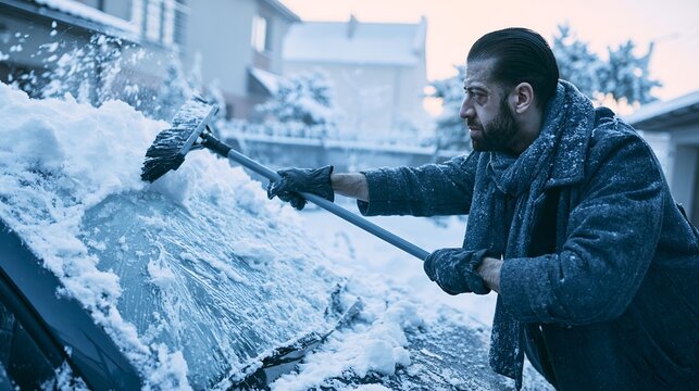Man brushing fresh snow off his car windshield on a winter morning