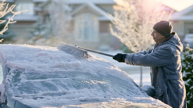 Man brushing fresh snow off his car windshield on a winter morning