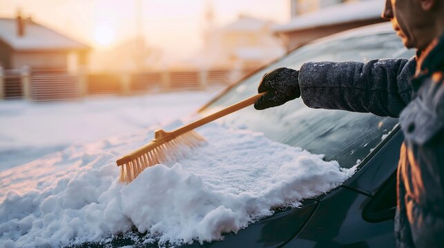 Man brushing fresh snow off his car windshield on a winter morning