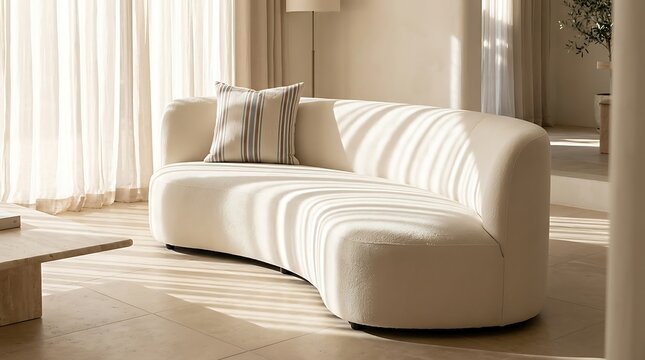 Curved cream sofa with striped cushion in bright sunlit living room