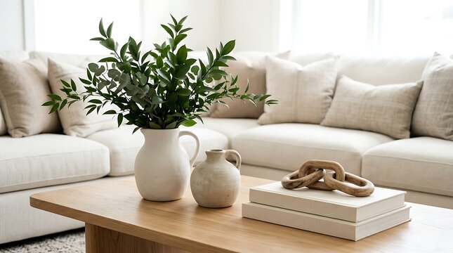 Green eucalyptus branches in white ceramic vase with wooden chain