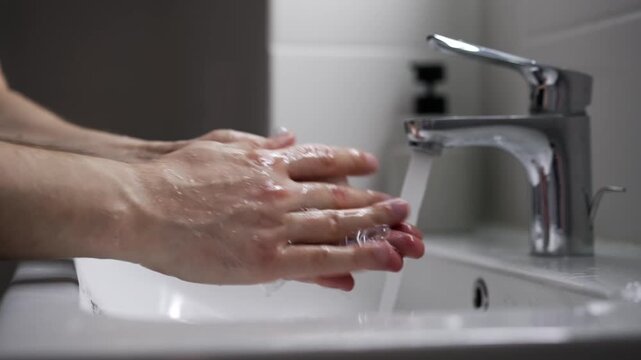 Hand hygiene after being outdoors.
A person thoroughly washes their palms with soap.