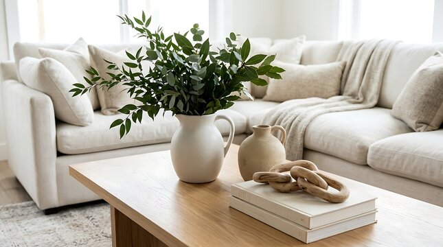 White ceramic vase with green leaves and decorative wooden chain on