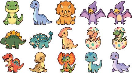 Cute Baby Dinosaurs and Prehistoric Hatchling Animals Vector Icon Set with T-Rex, Triceratops, Brachiosaurus, Pterodactyl, Stegosaurus, and Spinosaurus Characters © MstSufea