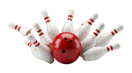 Bowling ball crashing into white pins with red stripes, sports game action for recreation. © Isolated_png