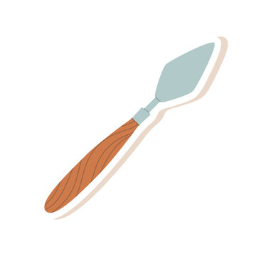Flat palette knife sticker art. Simple painter tool as craft supply. Small artist accessory with wooden handle and white shadow on clean background, ideal for painting class material or creative