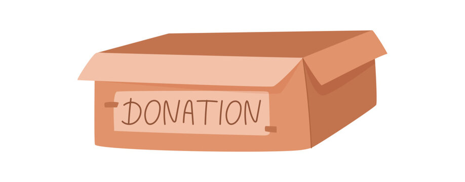 Charity donation box in flat style. Simple gift package as carton container for aid and support. Brown box with donation text on white background, symbol for help and donate, use as clean icon