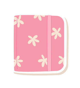 Pink cute sketchbook icon in flat style sticker. Childish study notebook as playful school stationery. Fun art sticker for children and creative class, ideal for art supply labels or kids cartoon