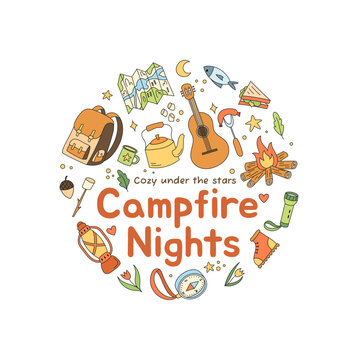 Round campfire doodle in hand drawn color style. Map, lantern and mug with backpack, compass, and guitar create a fun camp design. Summer outdoor scene, bold colorful graphic, family adventure