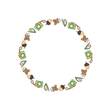 Round camp doodle frame in hand drawn style with green color and summer adventure graphic. Icon of tourist family and nature with playful color, perfect for outdoor camp themed design.
