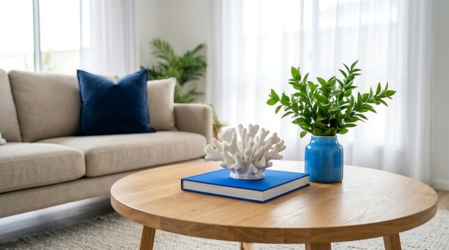 White coral sculpture on blue book and green plant in blue vase on