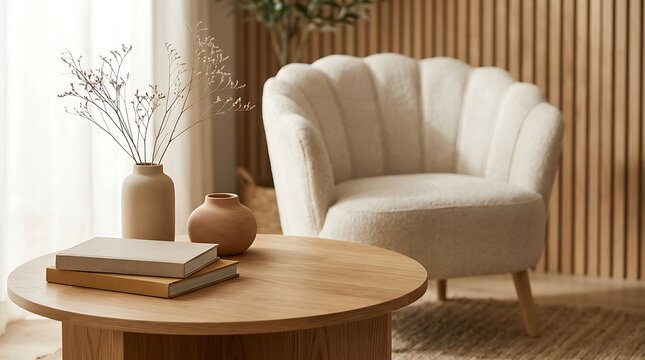 Cream boucl&eacute; armchair with wooden coffee table featuring ceramic