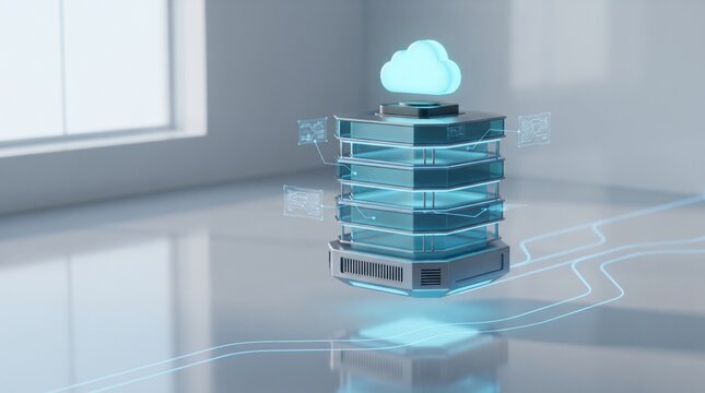 Cloud server rack with blue holographic data icons in office room