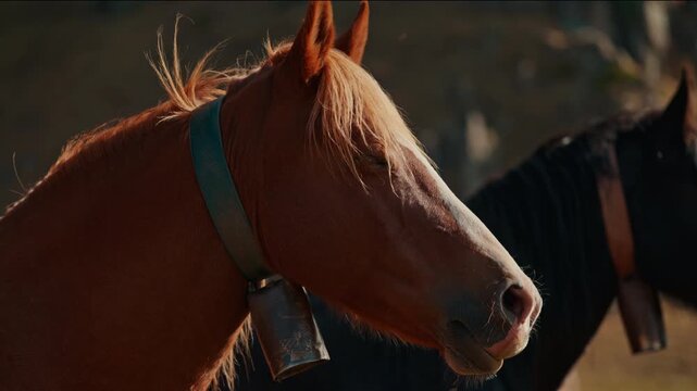 Close-up of horse Equus caballus with bell near Ibon de Estanes, Valle de Hecho, Pyrenees, Spain