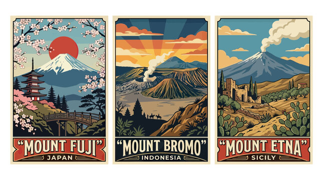Set of Vintage Travel Posters Featuring Mount Fuji in Japan, Mount Bromo in Indonesia, and Mount Etna in Sicily, Retro World Landmarks Vector Illustration