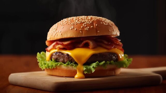 Hot steaming bacon cheeseburger on wooden board: delicious gourmet fast food close-up for restaurant advertising and culinary projects