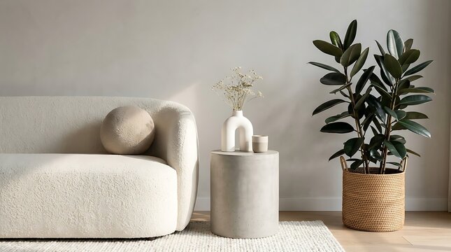Minimalist living room with beige sofa potted plant and neutral decor