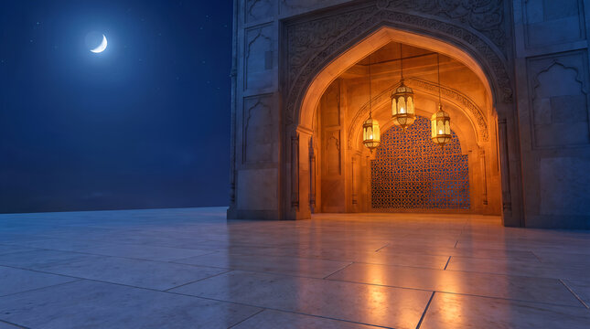 Empty Ramadan night stage with lantern arch for product placement