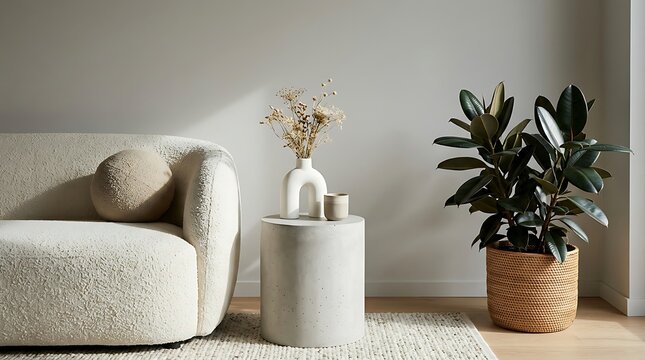 Minimalist living room with cream sofa dry flower arrangement