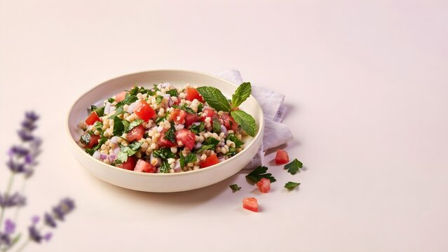 Plato de ensalada tabule fresca con cusc&uacute;s, tomate, perejil y menta sobre un fondo claro con espacio de copia