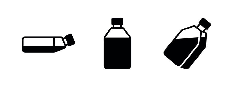 Laboratory reagent bottles set, icons of plastic bottles for chemical liquids and media