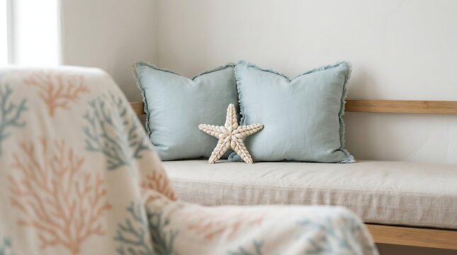 Starfish decor on cozy bed with coral-patterned throw and light blue