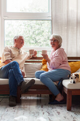 Senior couple relaxing on sofa with coffee cups and dog at home. Older adults sharing a quiet...