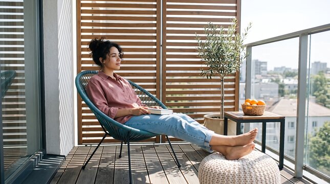 Woman relaxing on sunny apartment balcony with book